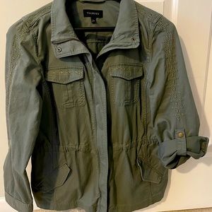 Talbots L twill jacket; adj cinch waist; 100% cotton; roll sleeves